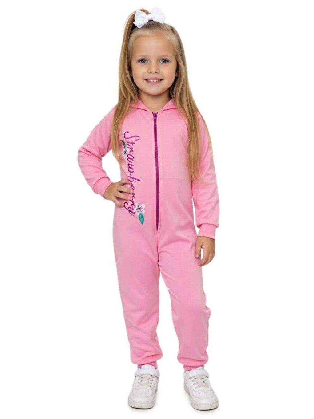 Kız Bebek Strawberry Yazı ve Arkasında Çilek İşlemeli Fermuarlı Pembe Tulum