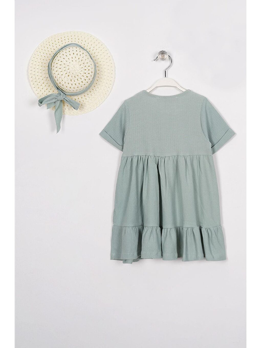 Yeşil Düğme Detaylı Fırfırlı Şapkalı Mint Renk Kız Çocuk Elbise-2
