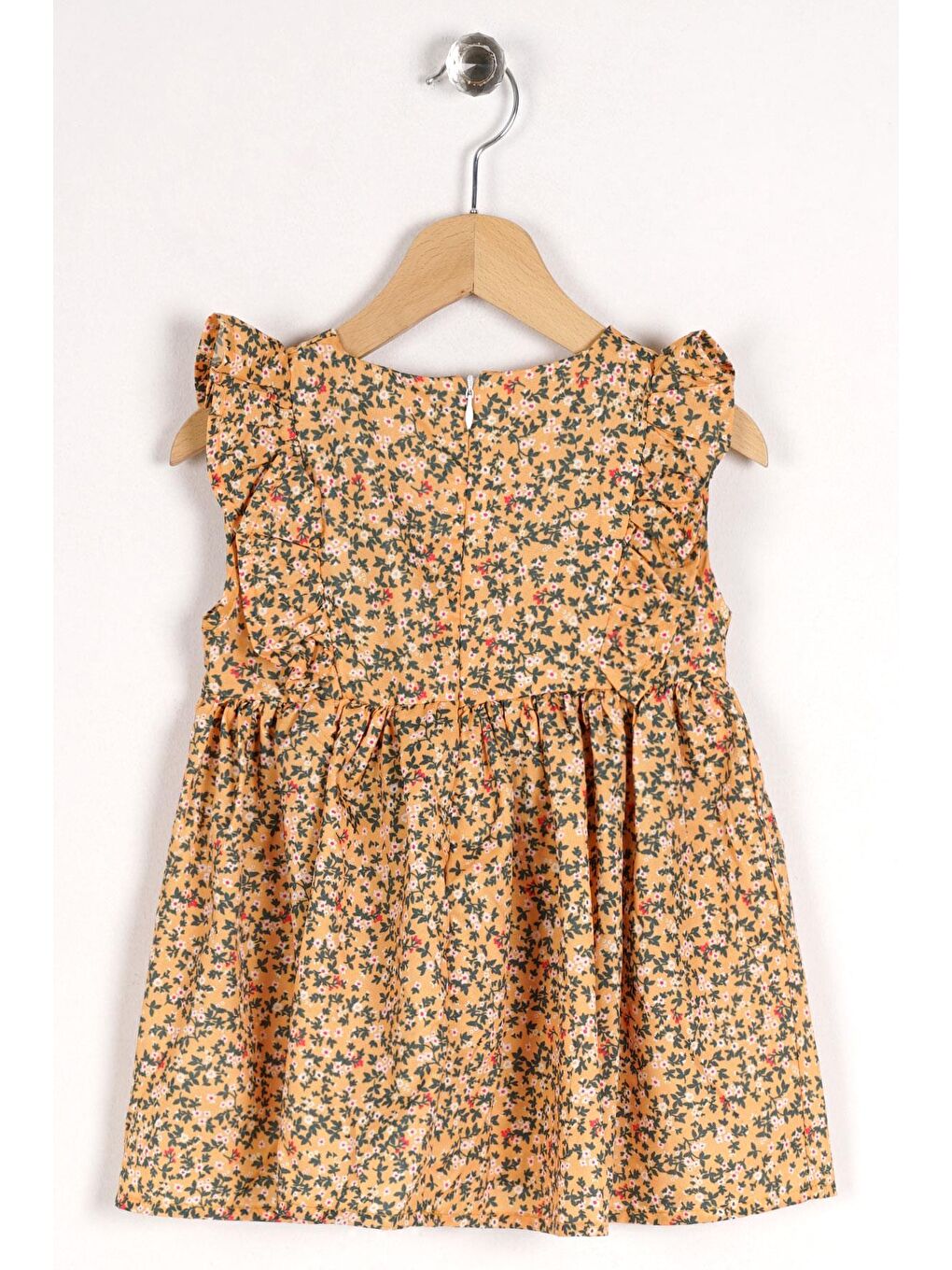 Sıfır Kol Çiçek Desenli Fermuarlı Sarı Renk Kız Çocuk Elbise-1