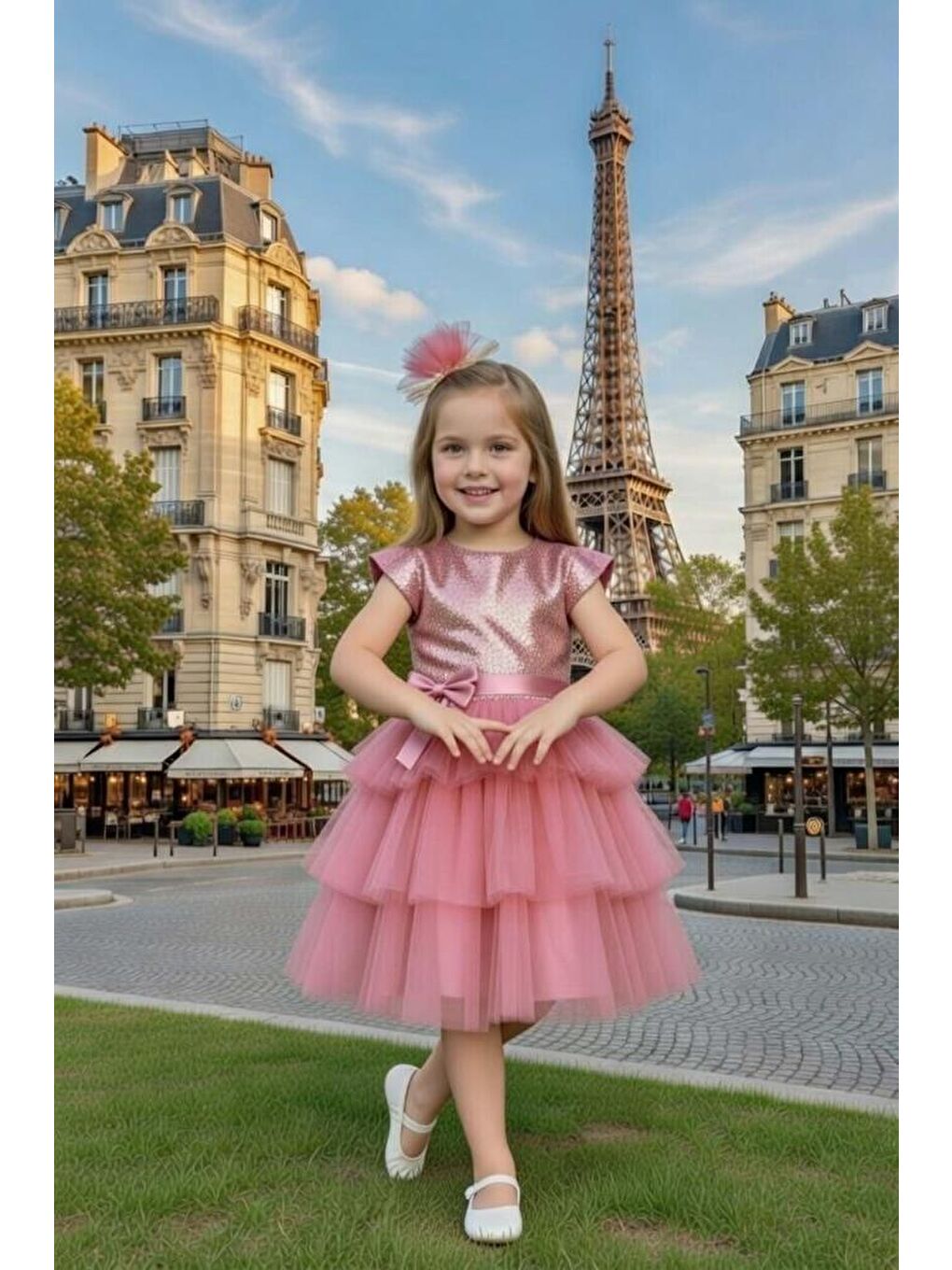 Pembe Kız Çocuk Göğsü Pulpayet İşlemeli Eteği Kat Kat Tüllü İçi Astarlı Gül Kurusu Abiye-1