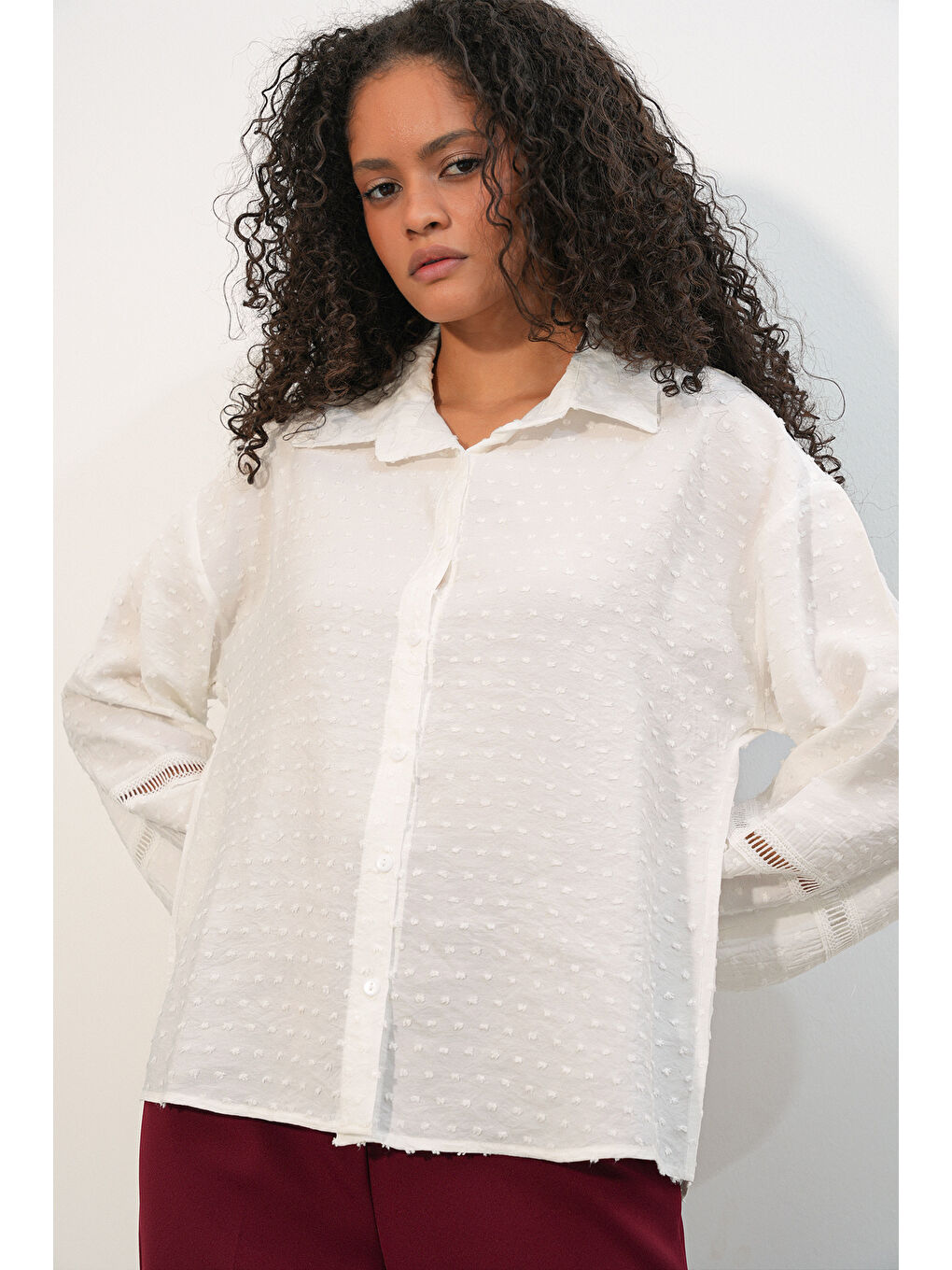Kadın Oversize Desenli Gömlek 20379 - Beyaz