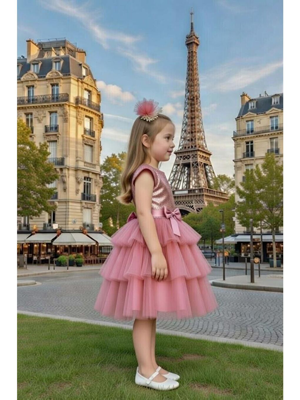 Pembe Kız Çocuk Göğsü Pulpayet İşlemeli Eteği Kat Kat Tüllü İçi Astarlı Gül Kurusu Abiye-3