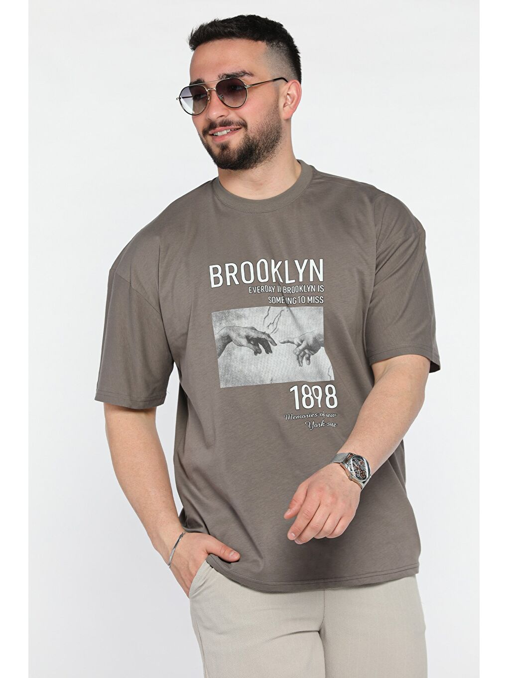 Bej Baskılı  Erkek Tişört