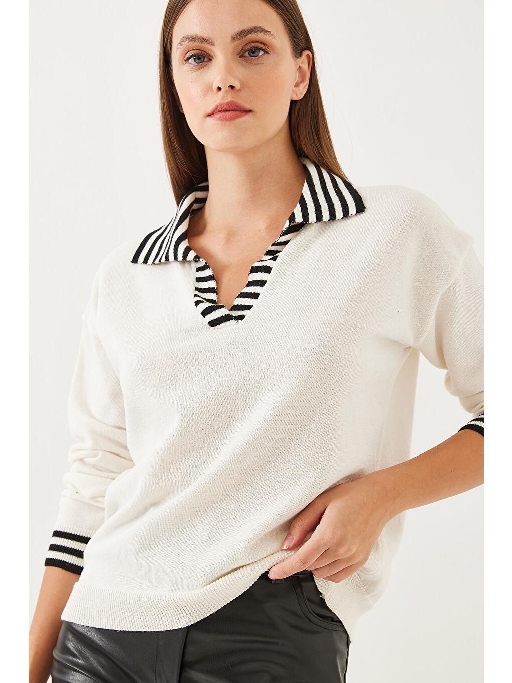 Ekru Kadın Polo Yaka Triko Kazak-2