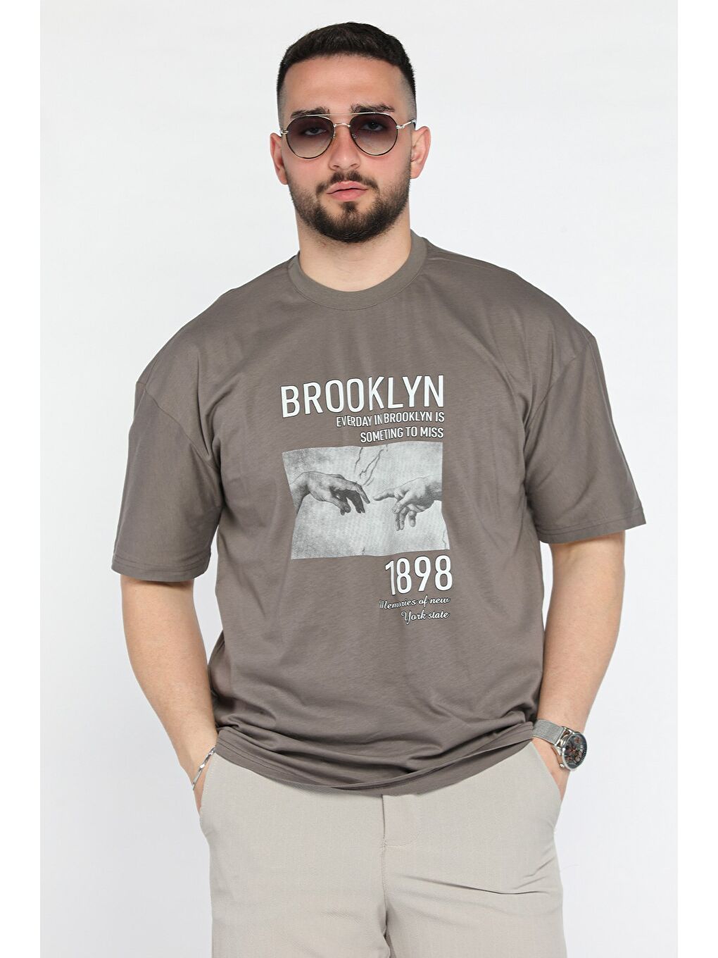 Bej Baskılı  Erkek Tişört-1