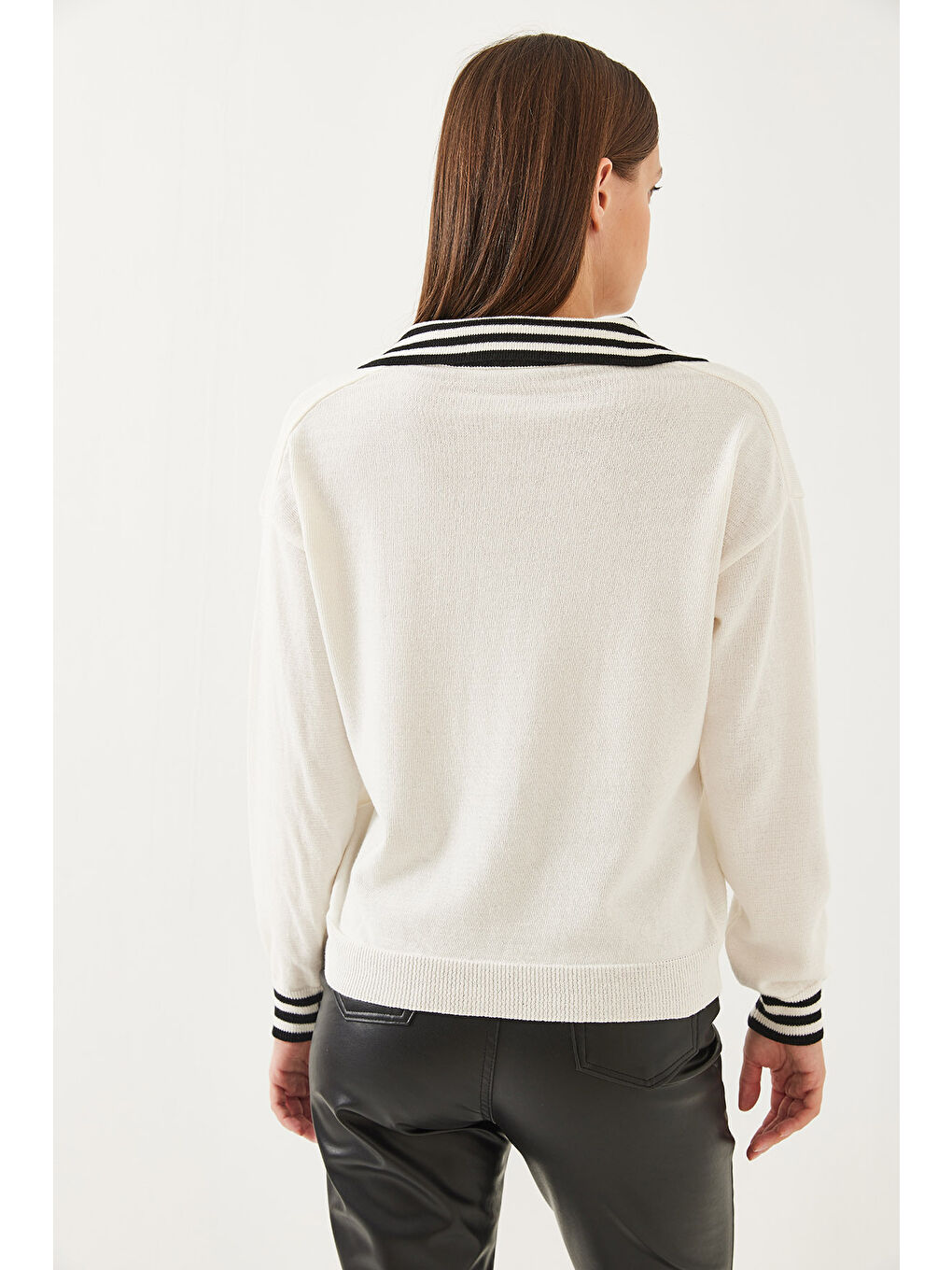 Ekru Kadın Polo Yaka Triko Kazak-4