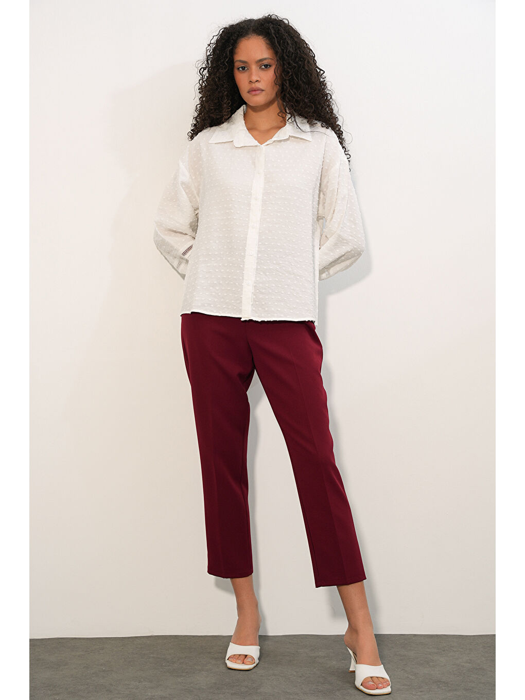 Kadın Oversize Desenli Gömlek 20379 - Beyaz-1