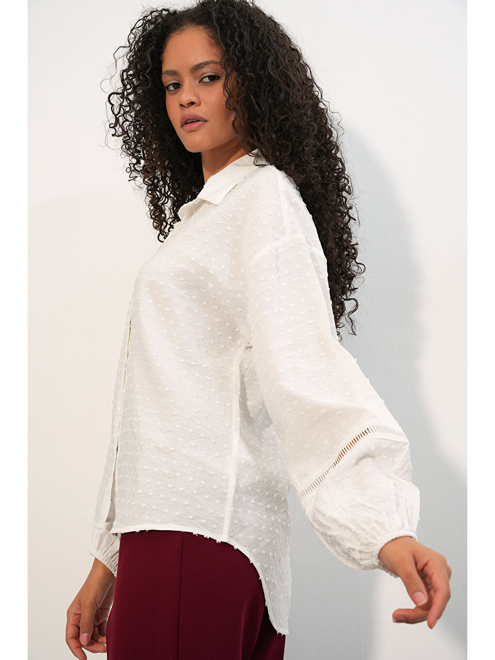 Kadın Oversize Desenli Gömlek 20379 - Beyaz-2