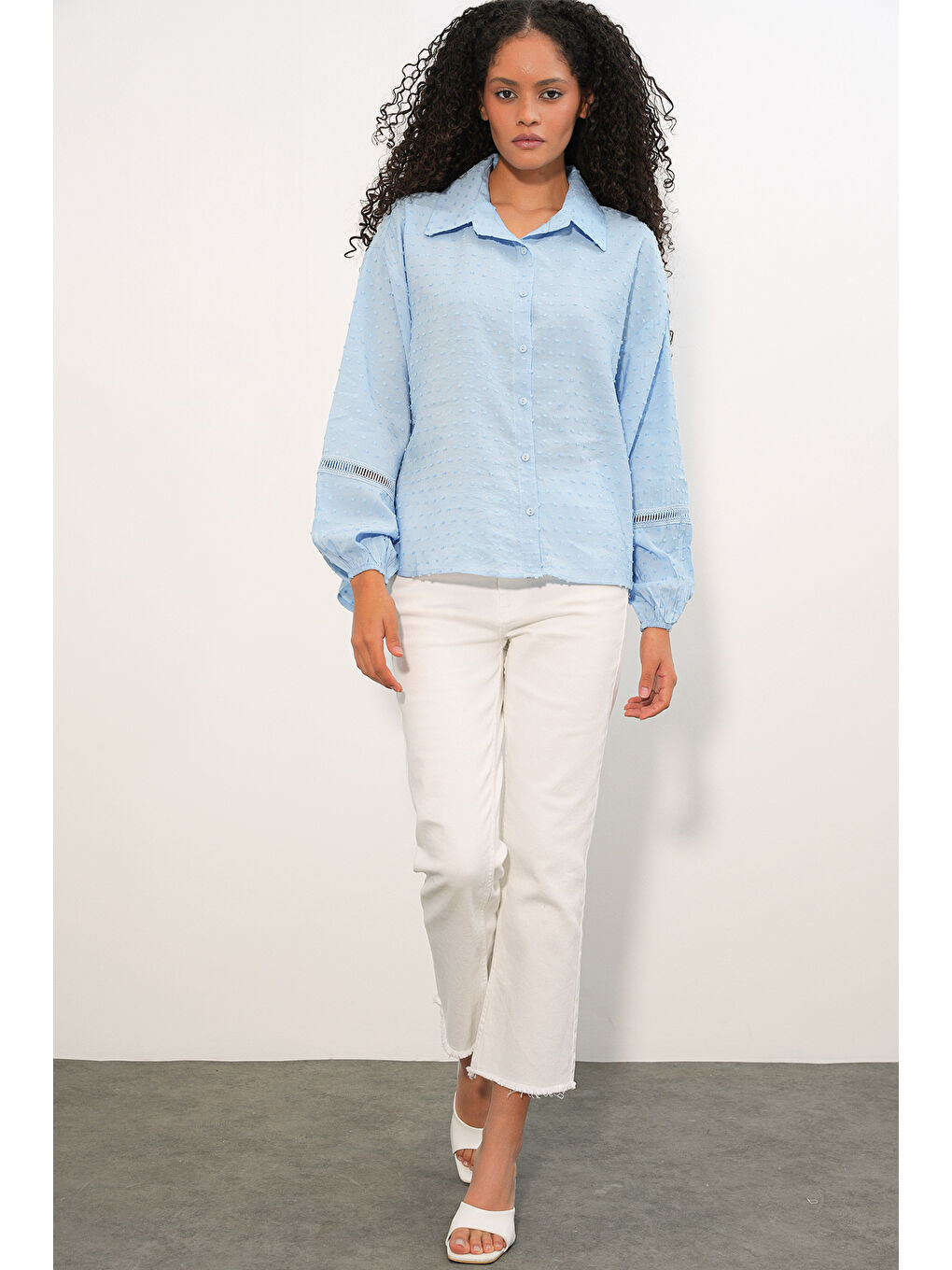 Kadın Oversize Desenli Gömlek 20379 - Mavi-1