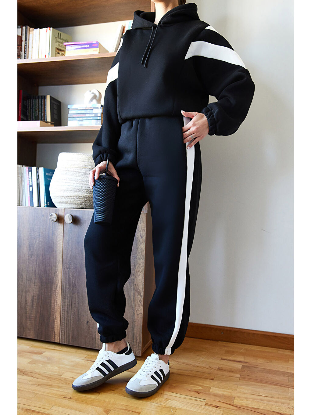 Siyah Kadın Üç İplik Şardonlu Parçalı Alt Üst Takım-4