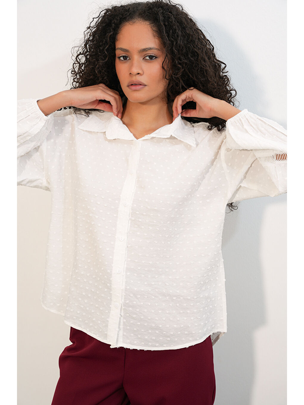 Kadın Oversize Desenli Gömlek 20379 - Beyaz-3