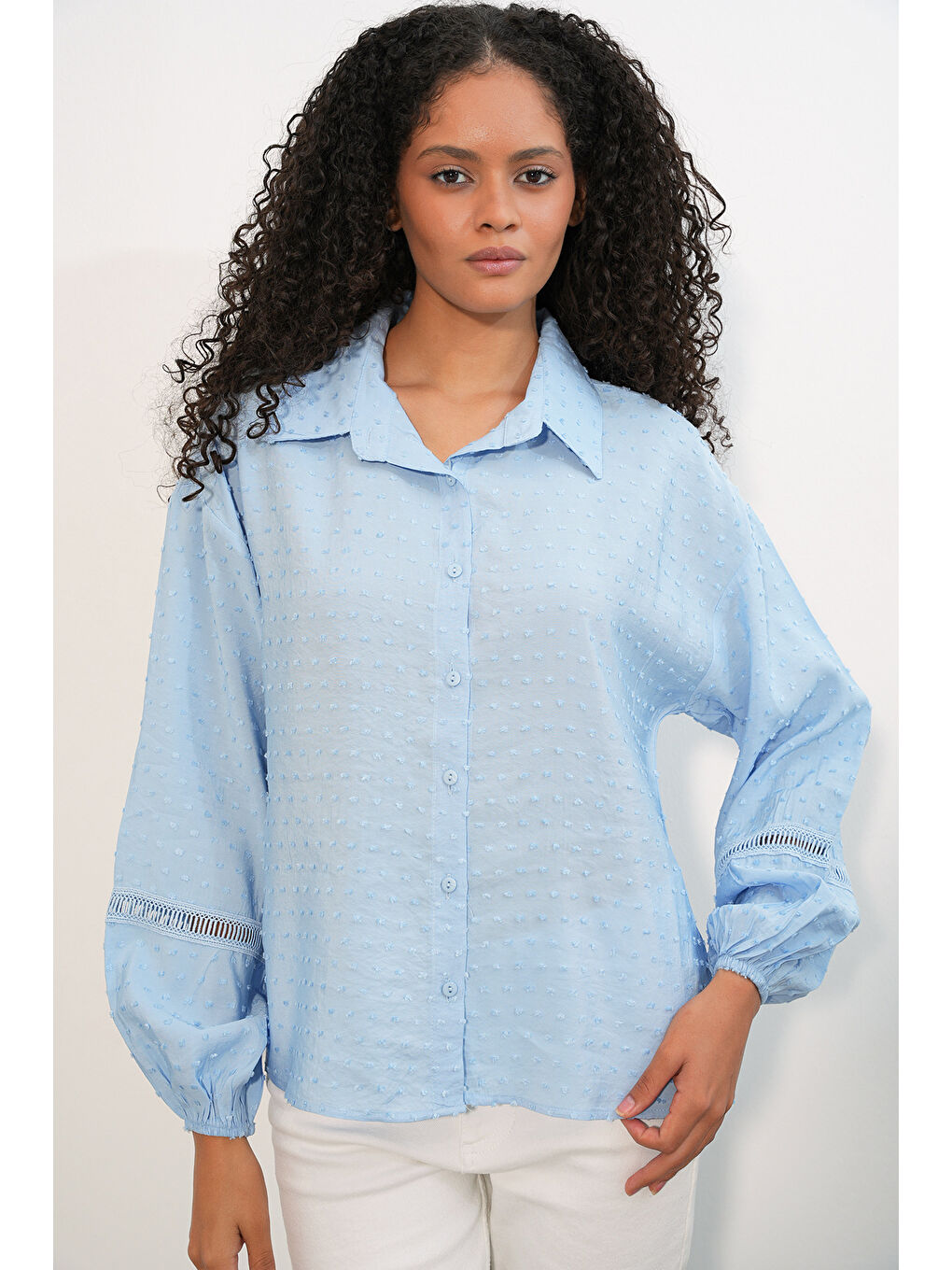 Kadın Oversize Desenli Gömlek 20379 - Mavi-2