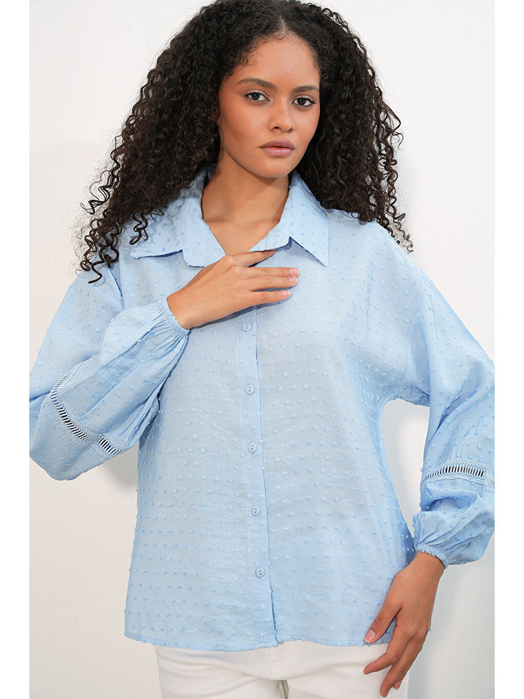 Kadın Oversize Desenli Gömlek 20379 - Mavi-3