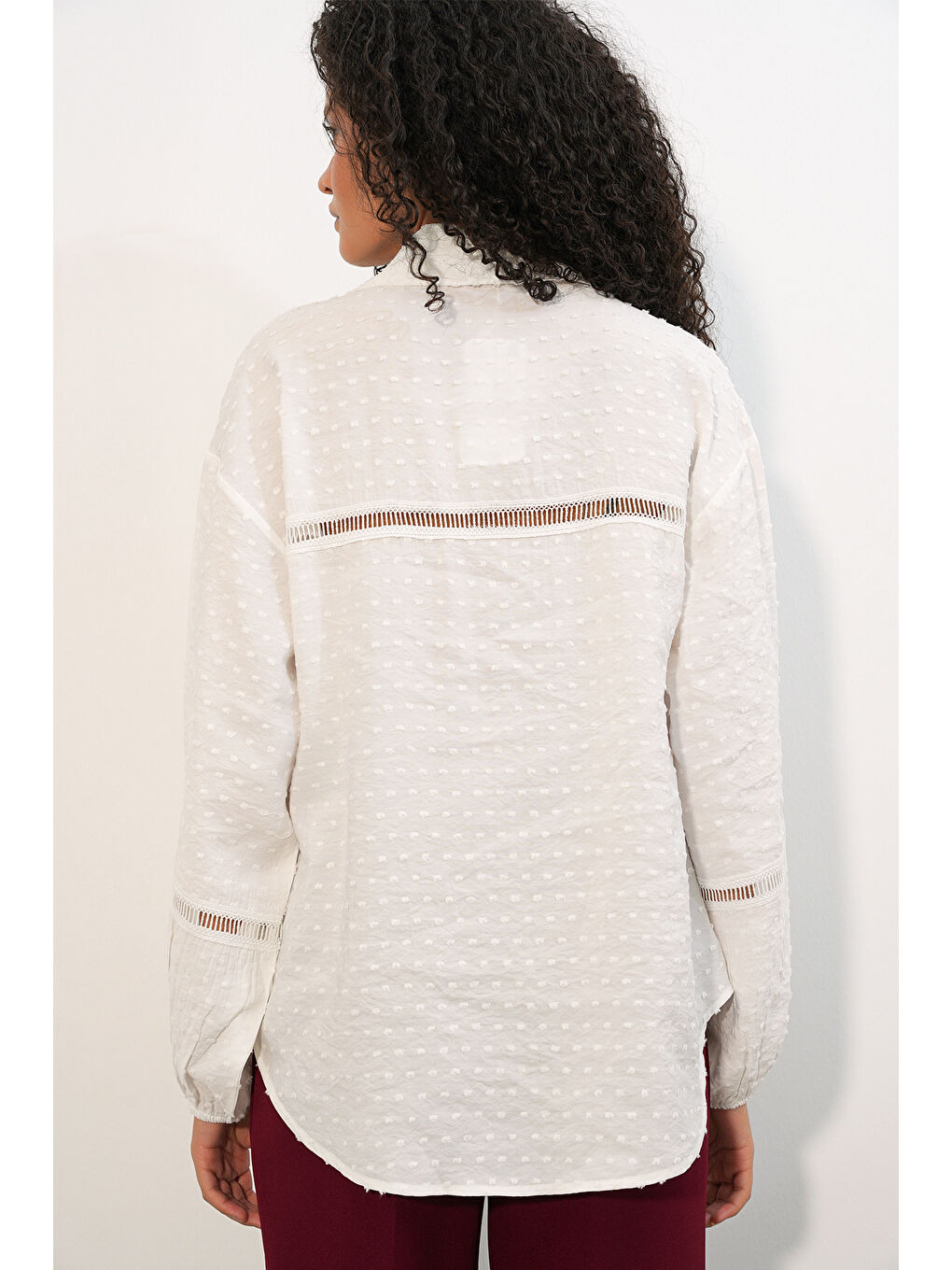 Kadın Oversize Desenli Gömlek 20379 - Beyaz-5