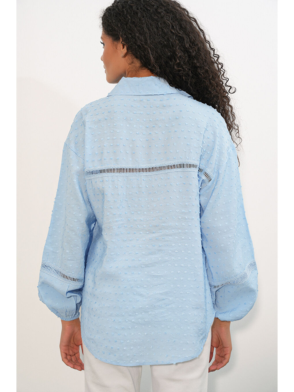Kadın Oversize Desenli Gömlek 20379 - Mavi-5