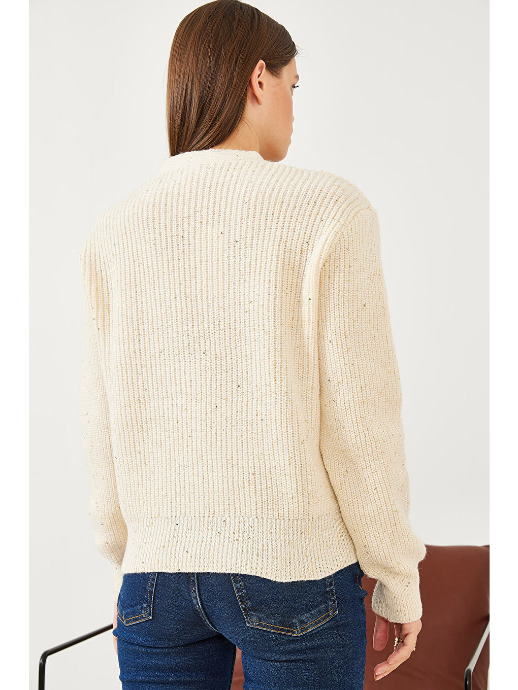 Ekru Kadın V Yaka Pullu Üç Düğmeli Triko Hırka-4