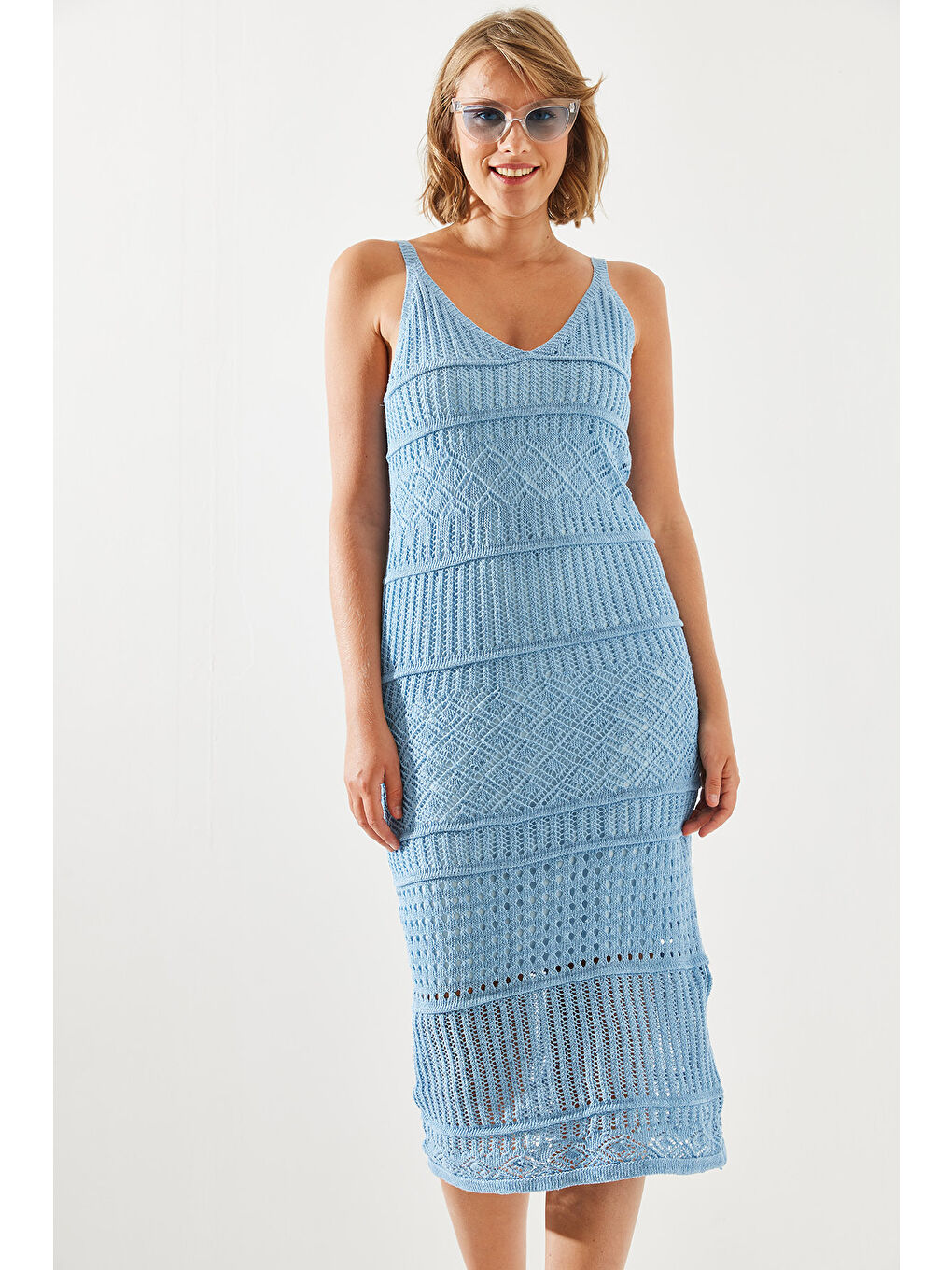 Mavi Kadın İnce Askılı Astarlı Ajurlu Triko Elbise-1