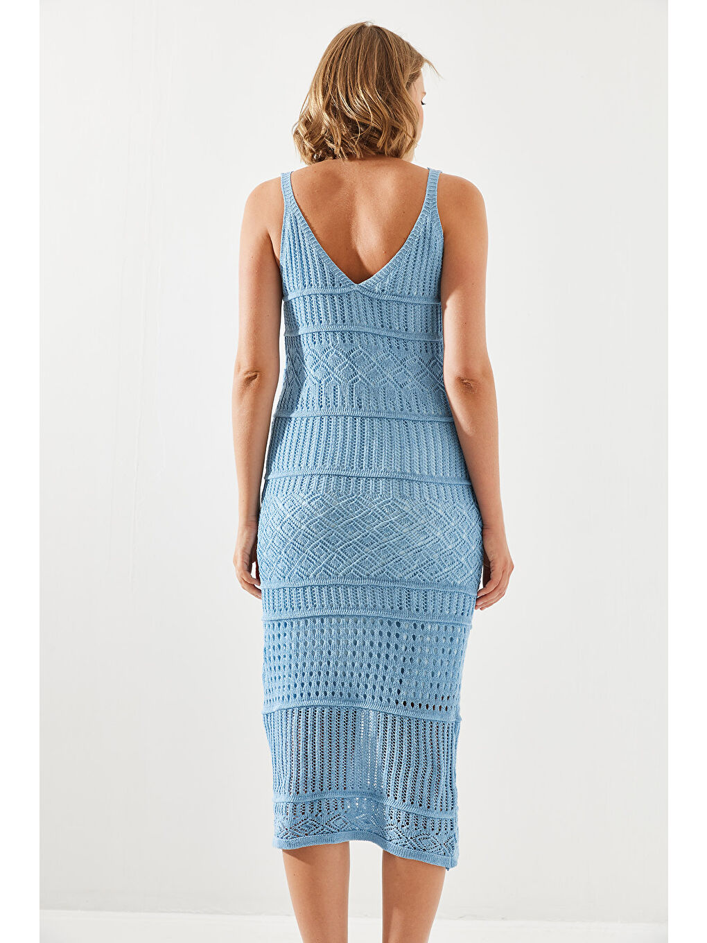 Mavi Kadın İnce Askılı Astarlı Ajurlu Triko Elbise-2