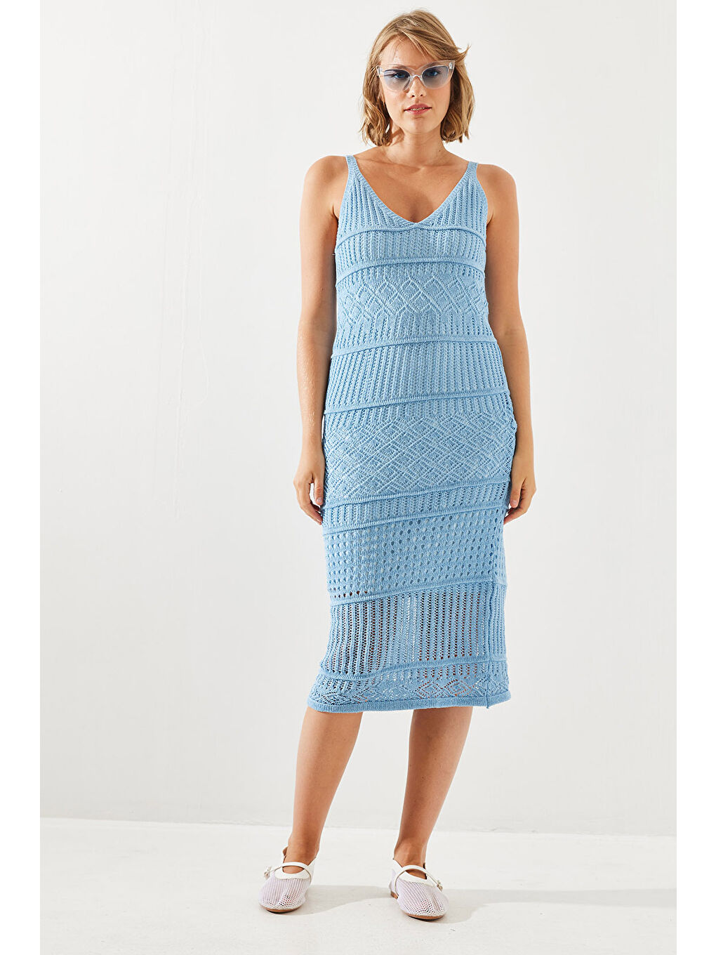 Mavi Kadın İnce Askılı Astarlı Ajurlu Triko Elbise-4