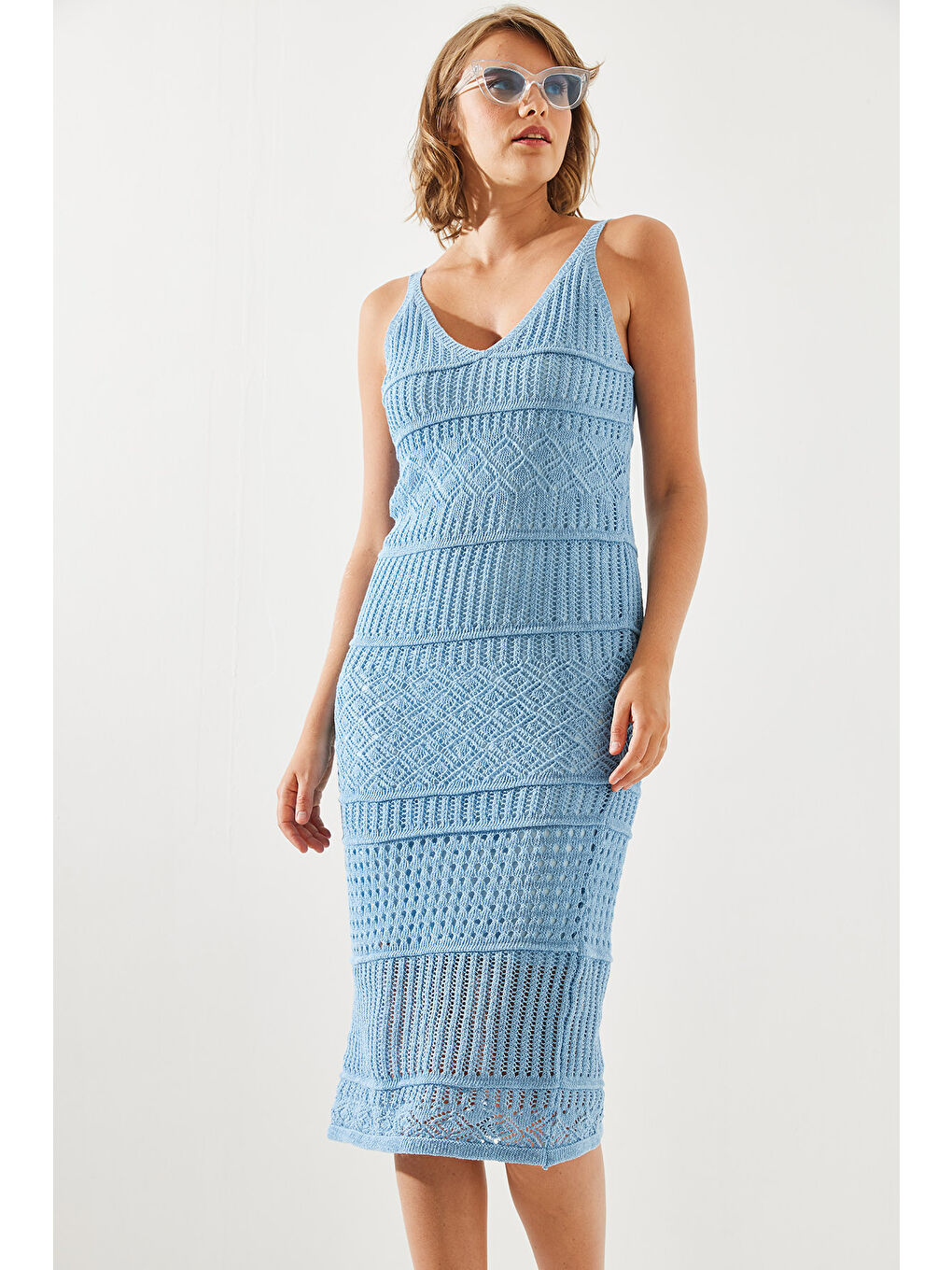 Mavi Kadın İnce Askılı Astarlı Ajurlu Triko Elbise-5