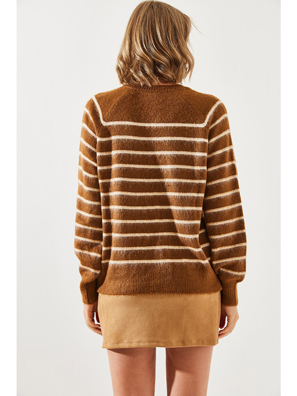 Kahverengi Kadın Şardonlu Çizgili Düğmeli Triko Kazak-5