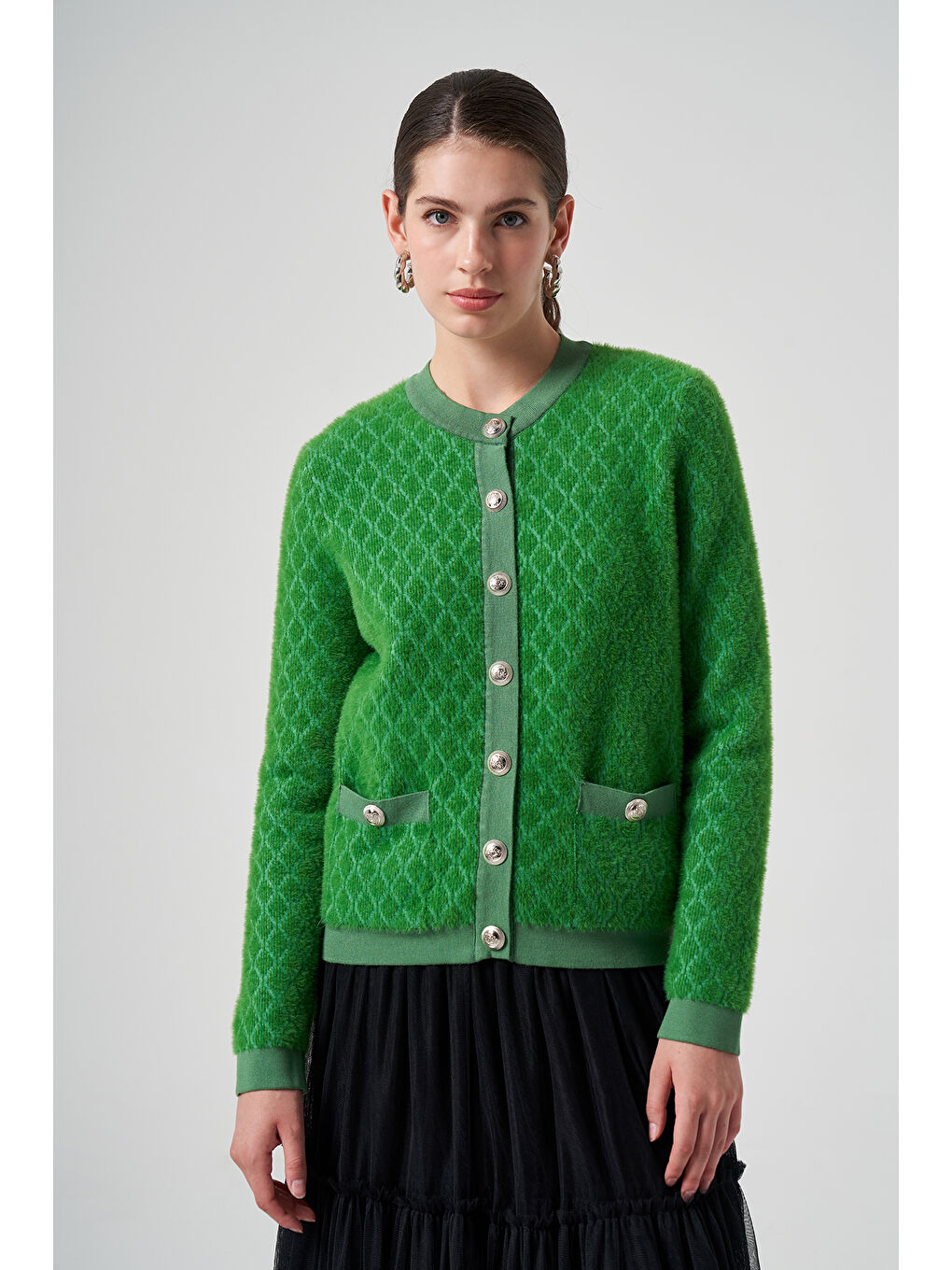 Yeşil Triko Düğme Detay Kısa Hırka 7001-1