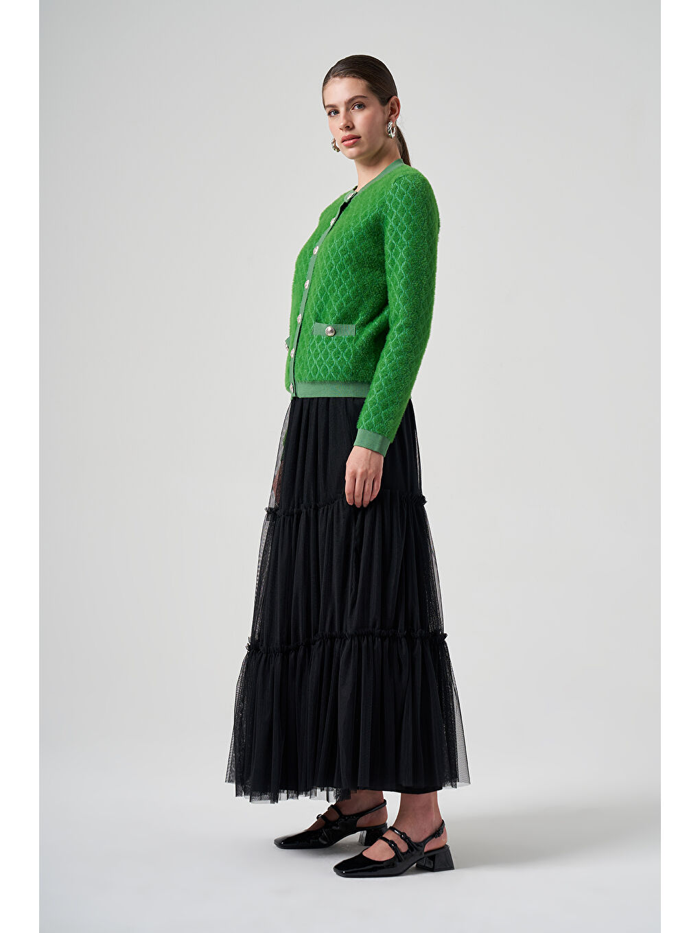 Yeşil Triko Düğme Detay Kısa Hırka 7001-2