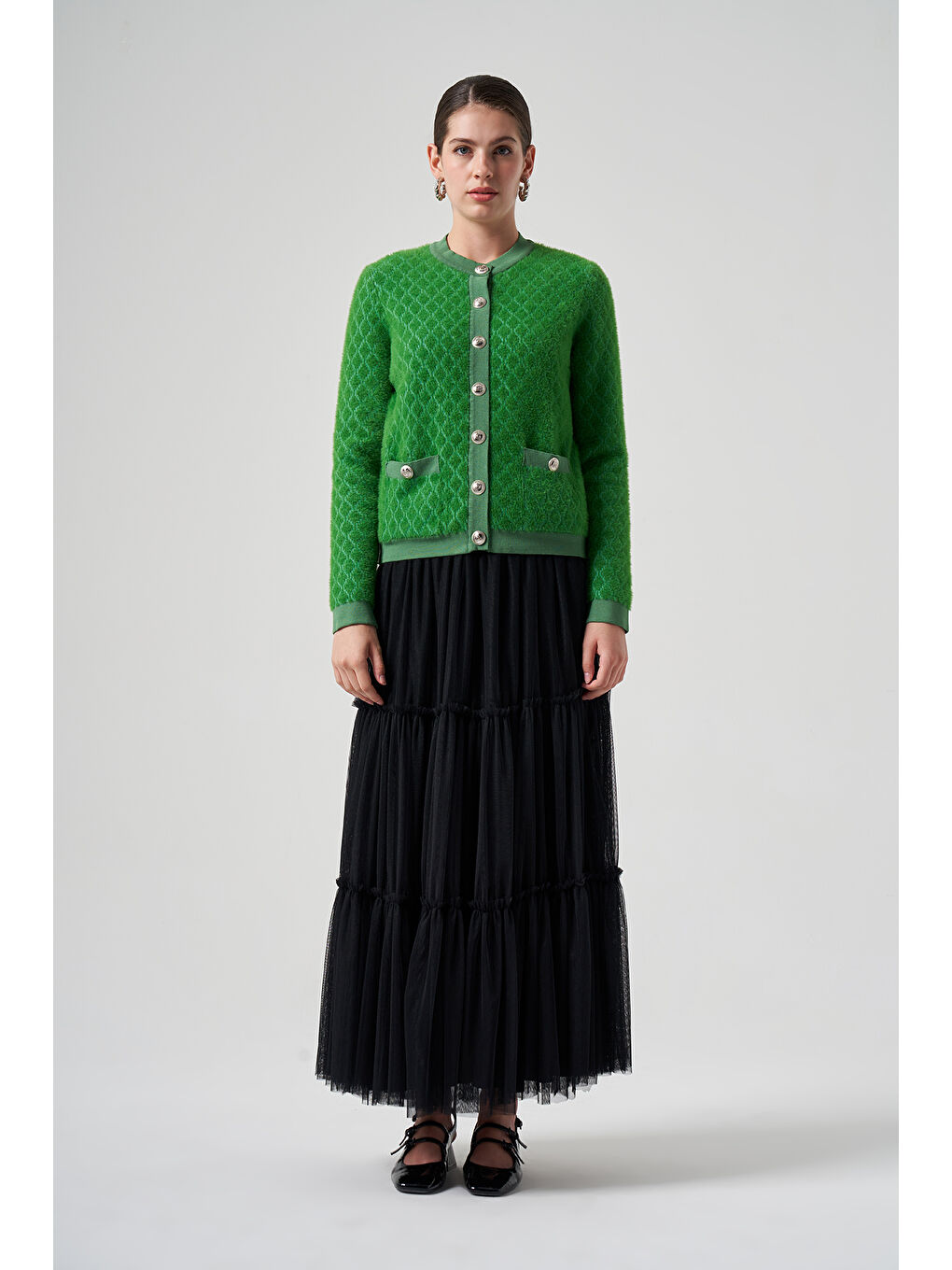 Yeşil Triko Düğme Detay Kısa Hırka 7001-3