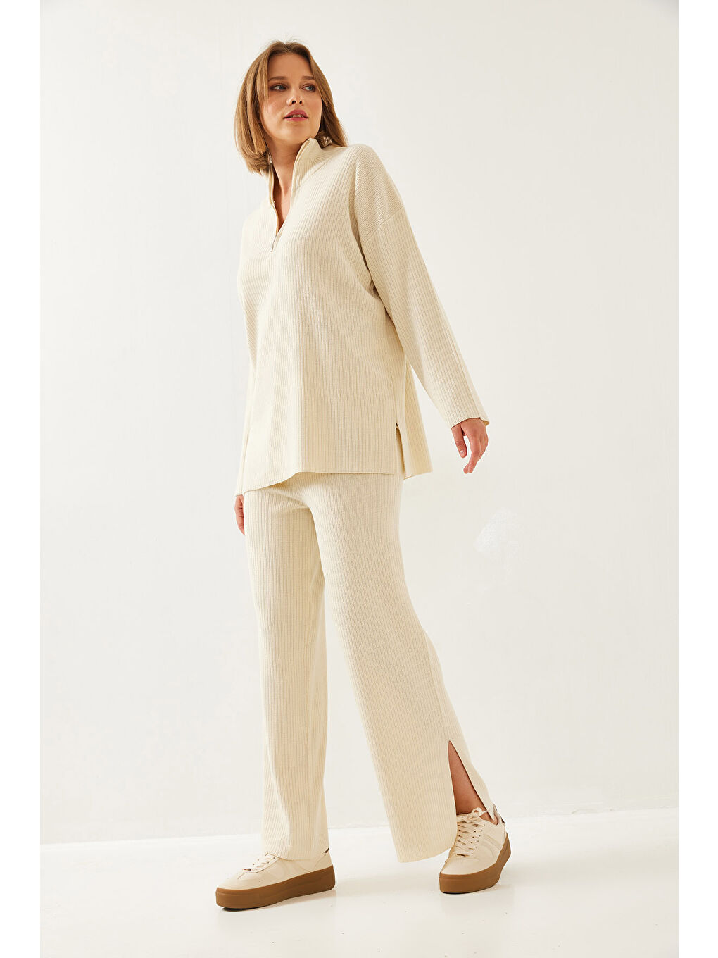 Ekru Kadın Uzun Kollu Alt-Üst Takım-1