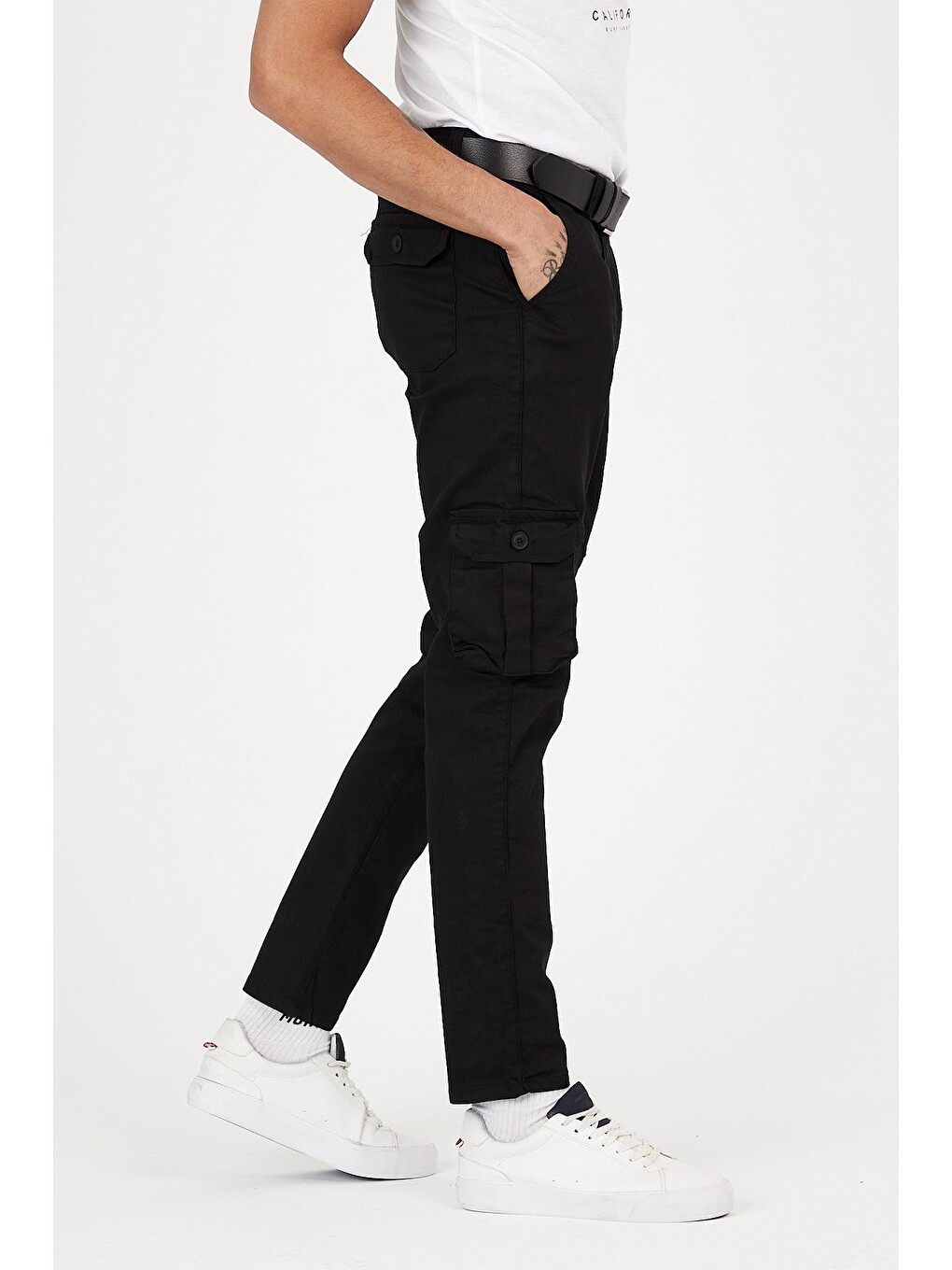Siyah Slim Fit Körüklü Cepli, , Düz Paça Esnek Kumaş Erkek Kargo Pantolon