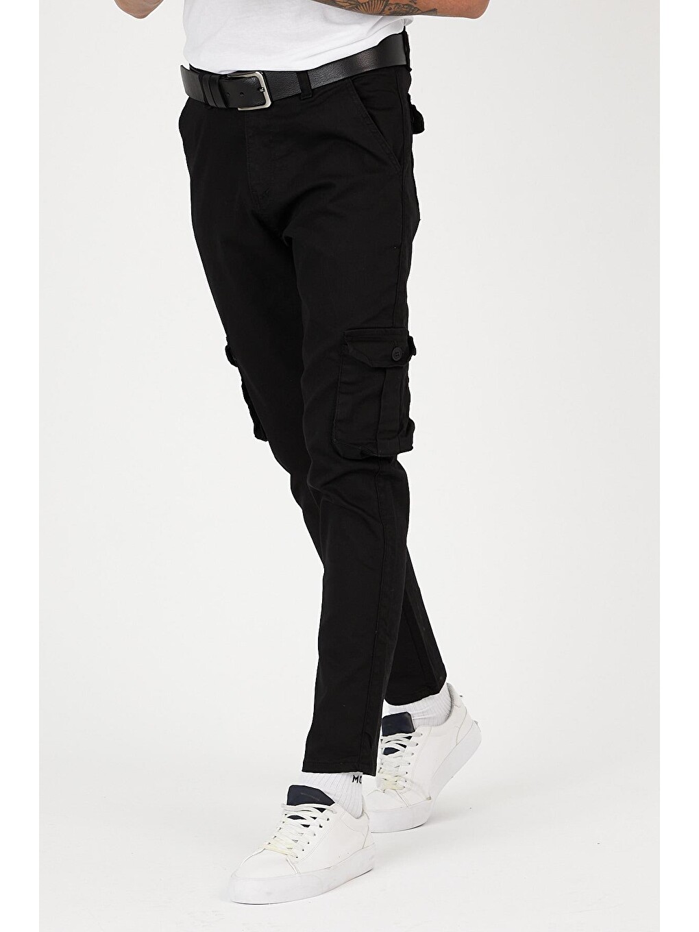 Siyah Slim Fit Körüklü Cepli, , Düz Paça Esnek Kumaş Erkek Kargo Pantolon-2