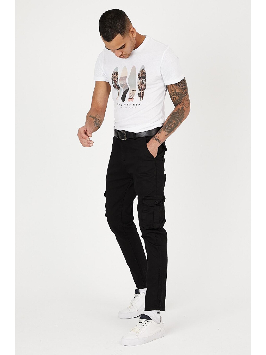 Siyah Slim Fit Körüklü Cepli, , Düz Paça Esnek Kumaş Erkek Kargo Pantolon-3