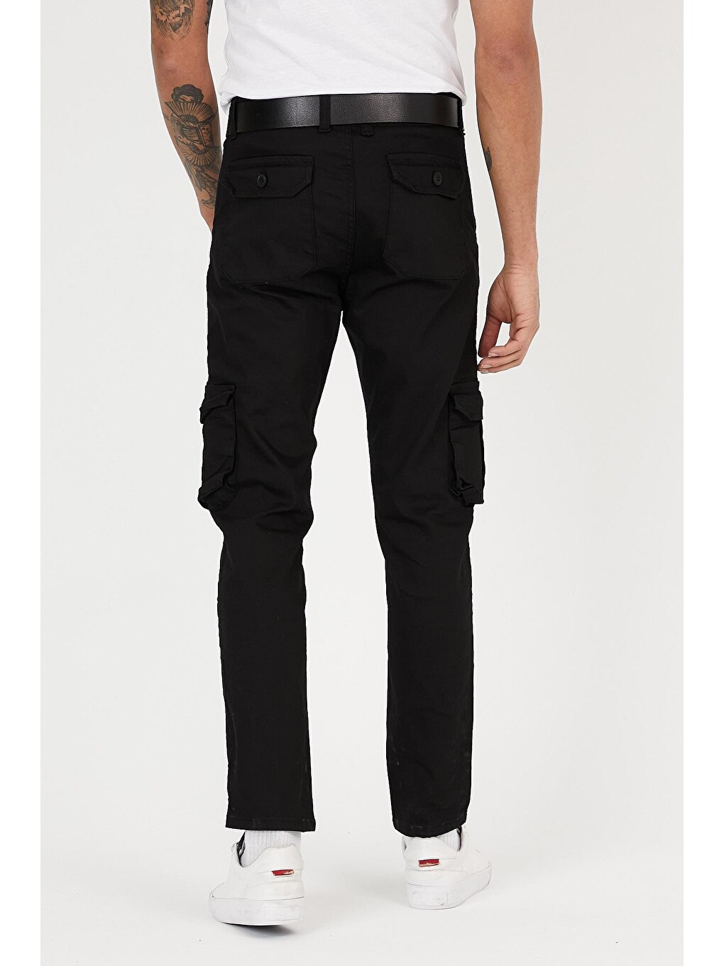 Siyah Slim Fit Körüklü Cepli, , Düz Paça Esnek Kumaş Erkek Kargo Pantolon-4