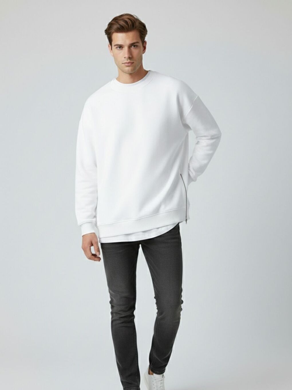 3 İplik Beyaz Bisiklet Yakalı Yanı Yarım Fermuar Detaylı Sweatshirt