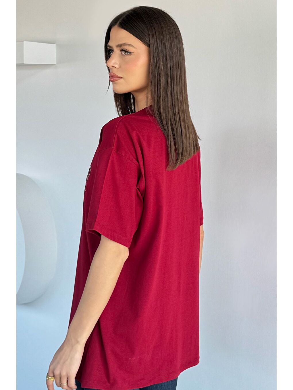 Bordo Kadın Bisiklet Yaka Baskılı Tişört-3