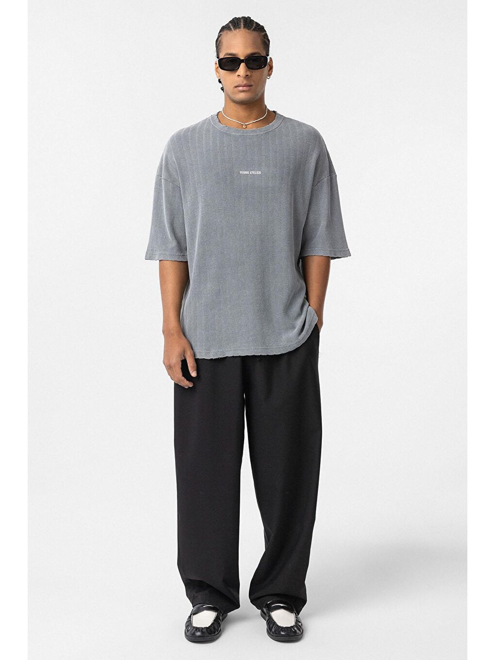 Yıkamalı Arka Baskılı Oversize Tişört Gri