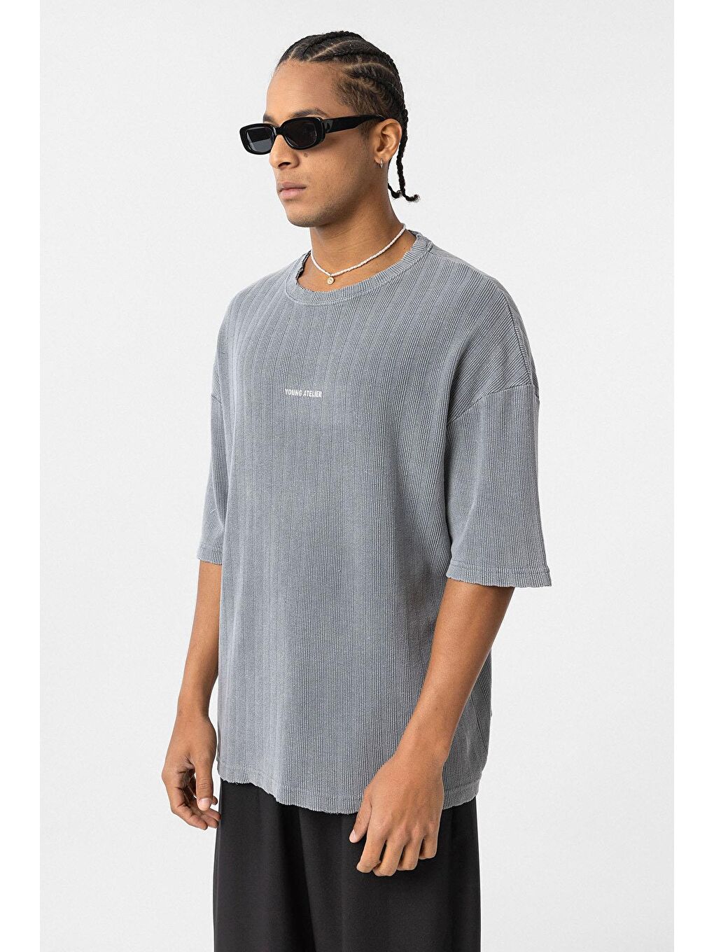 Yıkamalı Arka Baskılı Oversize Tişört Gri-3