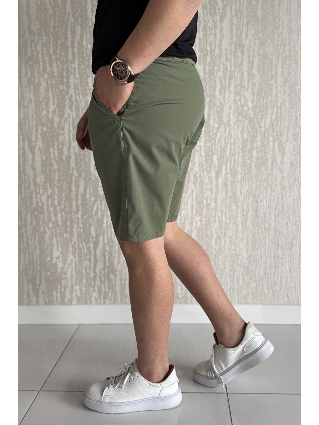 Haki Bel Bağcıklı Fermuarlı Erkek Şort-1