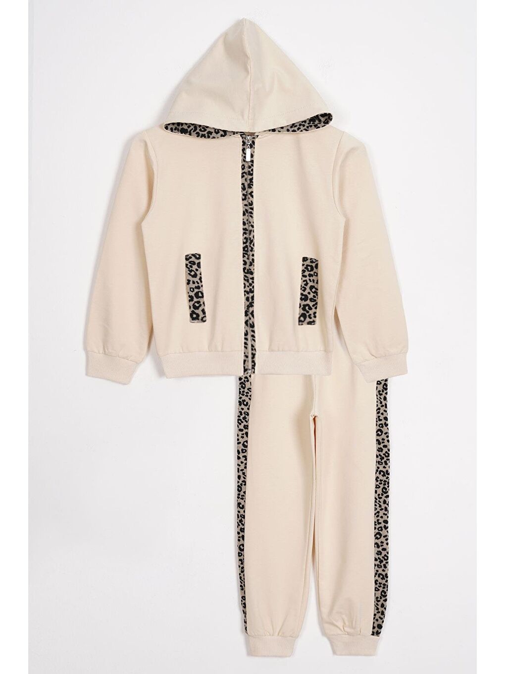 Bej Kapüşonlu Leopar Şerit Detaylı Taş Renk Kız Çocuk Eşofman Takım