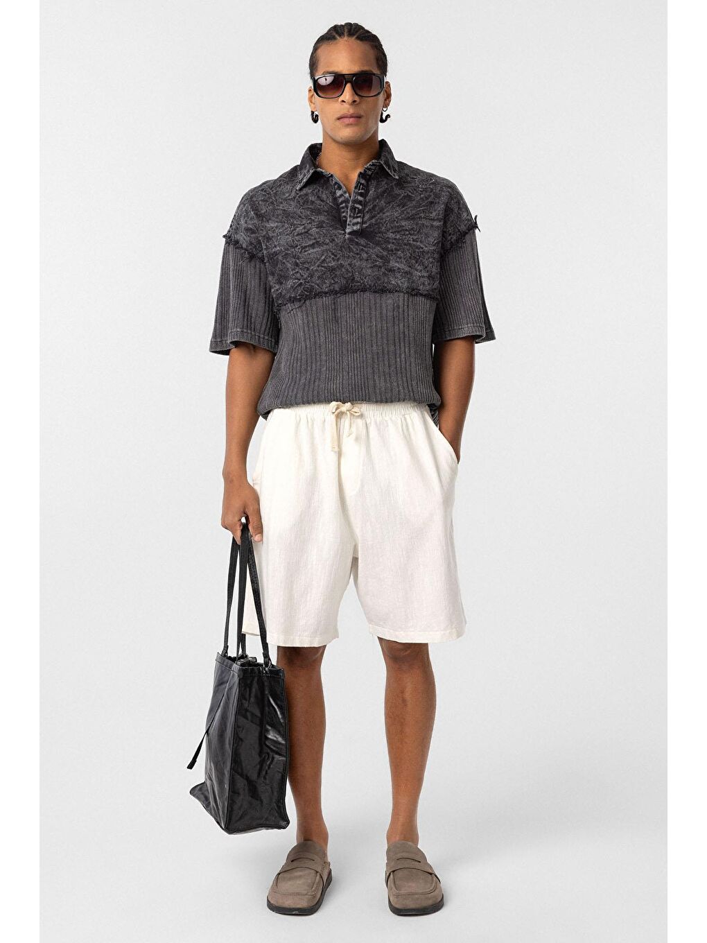 Yıkamalı Oversize Polo Yaka Tişört Siyah-1