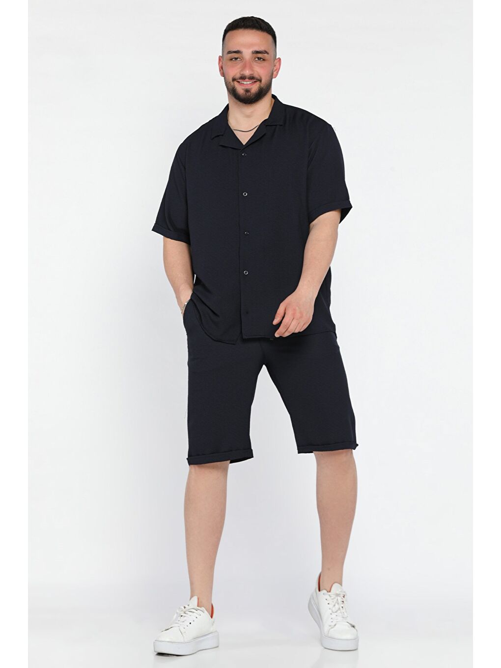 Lacivert Erkek Duble Kol Gömlek Şort İkili Takım