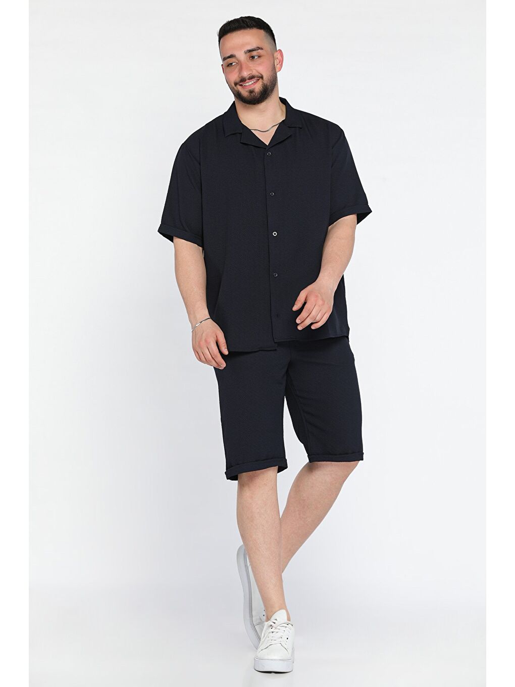 Lacivert Erkek Duble Kol Gömlek Şort İkili Takım-1