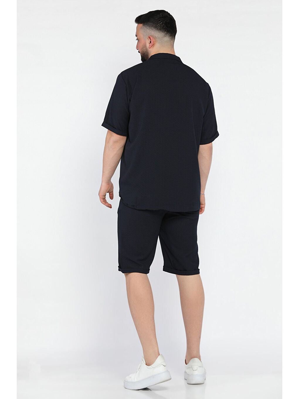 Lacivert Erkek Duble Kol Gömlek Şort İkili Takım-2