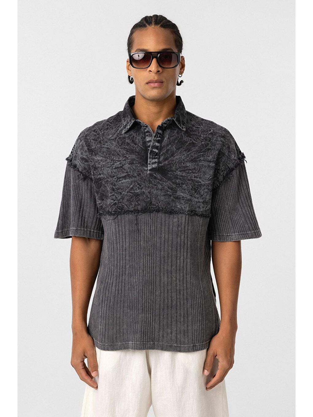 Yıkamalı Oversize Polo Yaka Tişört Siyah-2