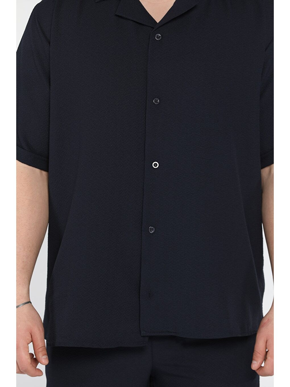 Lacivert Erkek Duble Kol Gömlek Şort İkili Takım-3