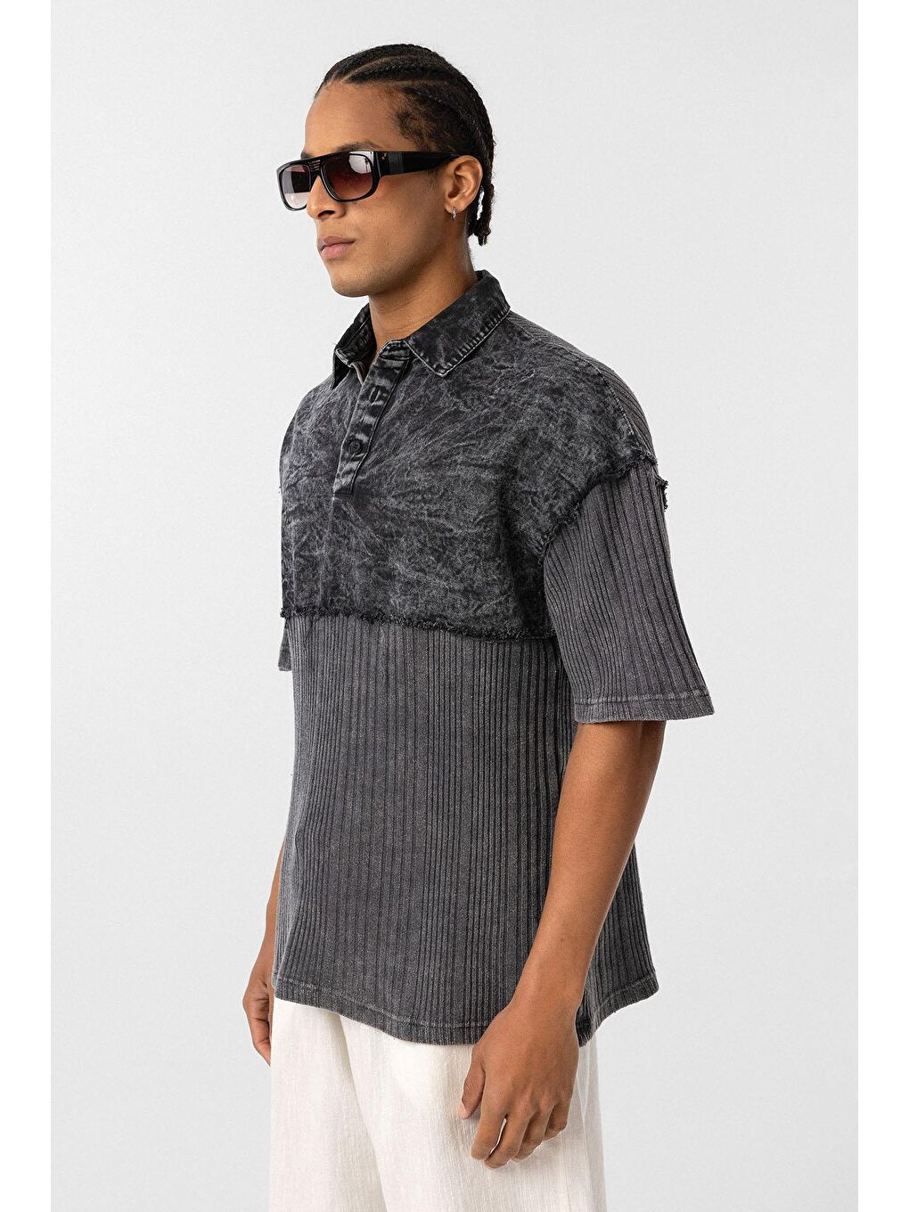 Yıkamalı Oversize Polo Yaka Tişört Siyah-3