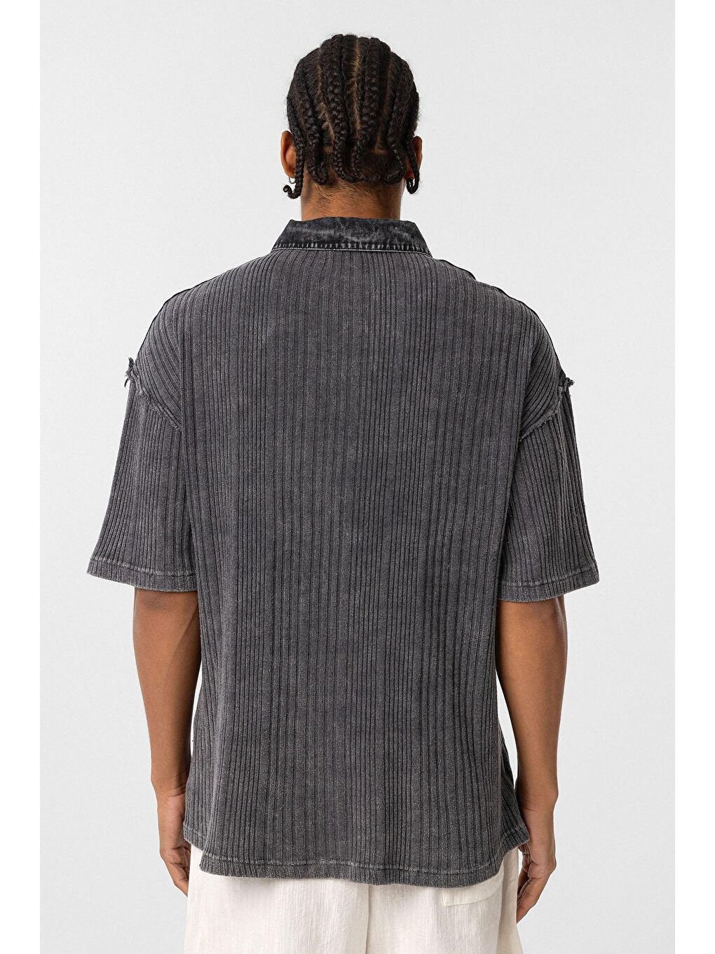 Yıkamalı Oversize Polo Yaka Tişört Siyah-4