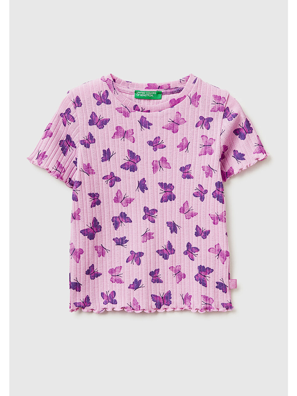 Kız Çocuk Lila Logolu Baskılı Fırfır Detaylı Ribanalı Bisiklet Yaka T-Shirt
