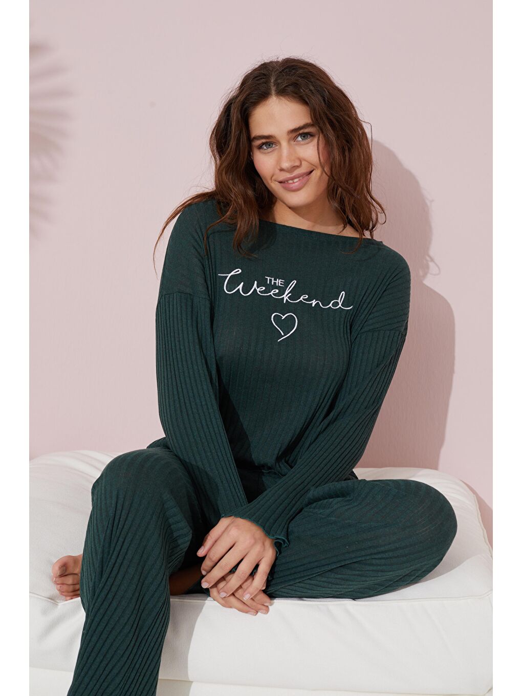 Haki Mevsimlik İnce Pamuklu Nakışlı Pijama Takım-2