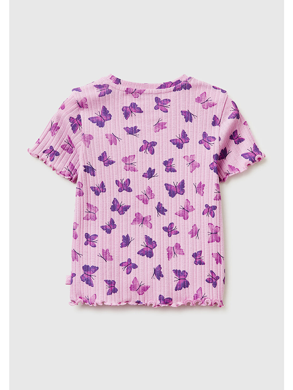 Kız Çocuk Lila Logolu Baskılı Fırfır Detaylı Ribanalı Bisiklet Yaka T-Shirt-1